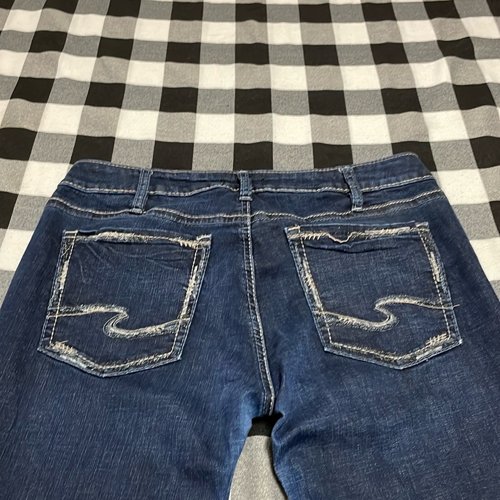 Silver Jeans Avery Slim Boot Size 33 x 32 Dark Metallic Thick Stitch Stretch